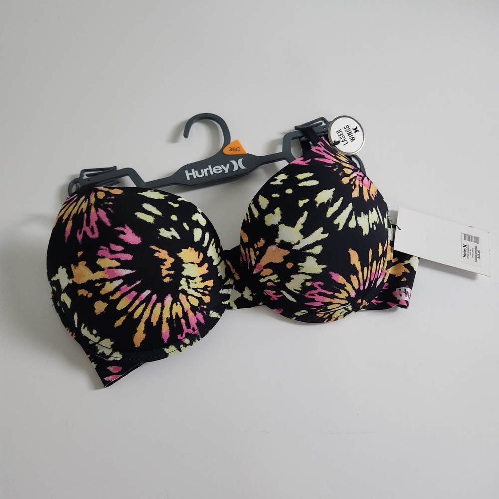 Hurley Laser Wings Black Tie Dye Push‎ Up Bra Women's 36C NWT